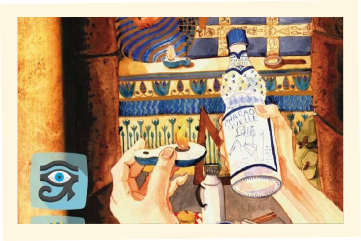 Papyrusrolle mit Hand, die eine Flasche Pharao-Quelle trägt und einer Lampe